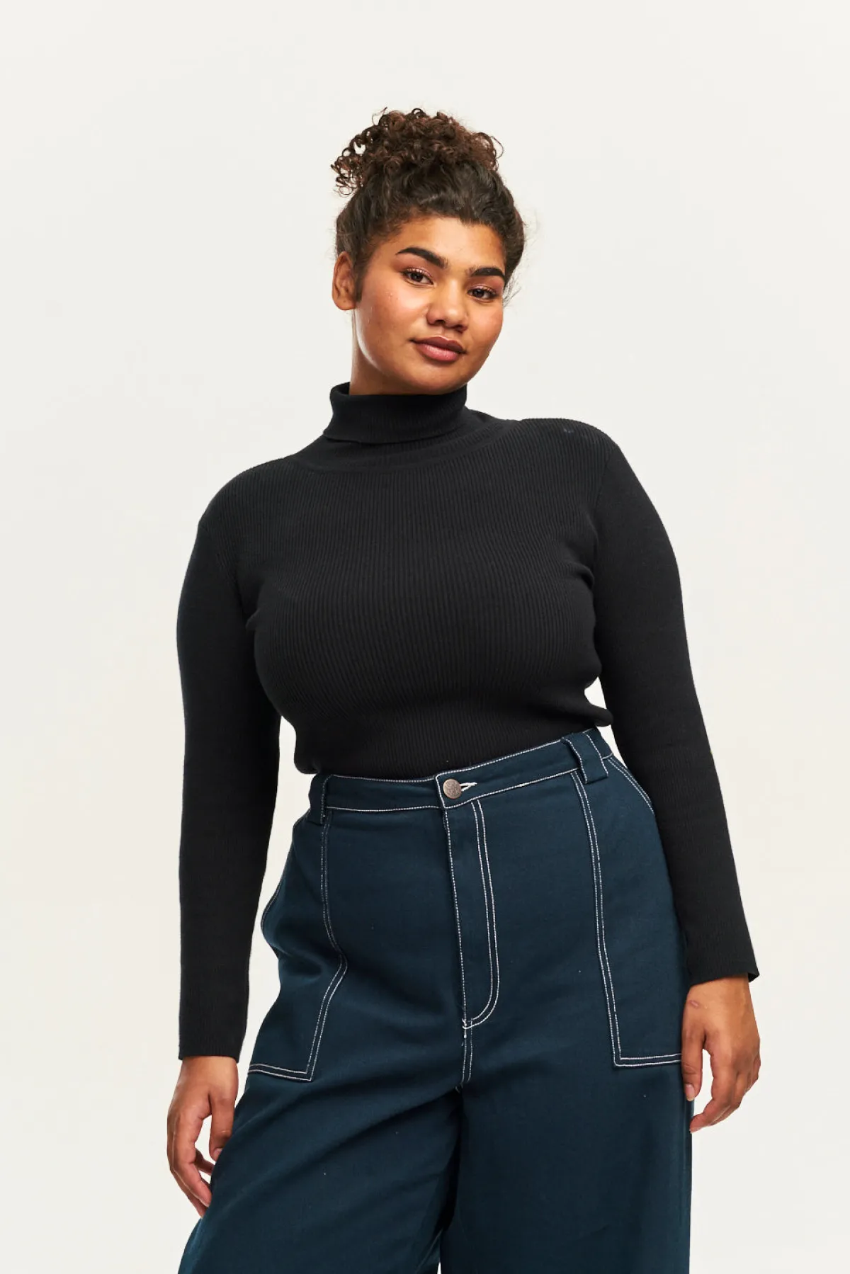 Clearance Aiden - Roll Neck Knitted Cotton Top in Black All Tops & Tees|Knitwear