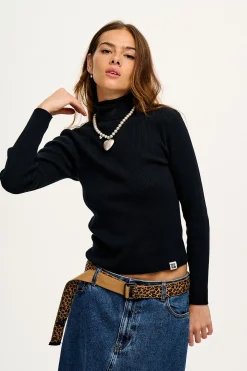 Clearance Aiden - Roll Neck Knitted Cotton Top in Black All Tops & Tees|Knitwear