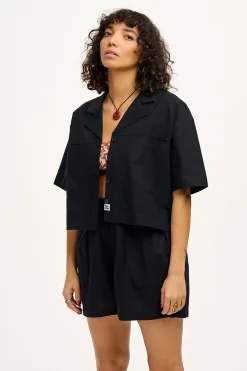 Clearance Alfie - Cotton & Linen Shirt in Black All Tops & Tees|Shirts