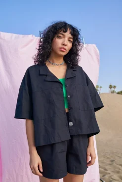 Clearance Alfie - Cotton & Linen Shirt in Black All Tops & Tees|Shirts