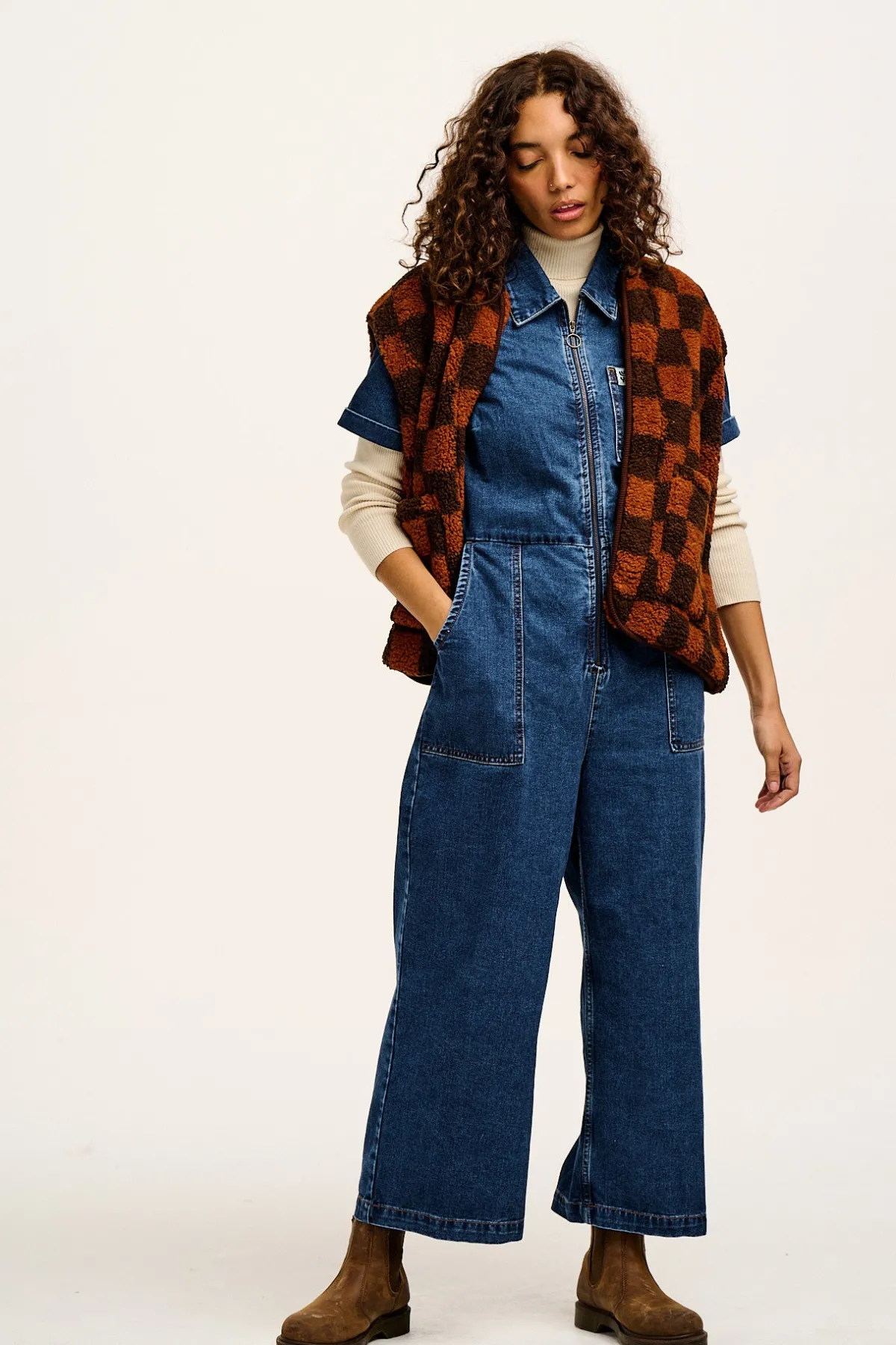Sale Aubrey - Borg Fleece Gilet in Terry Brown Check Print All Outerwear & Knitwear|Fleeces