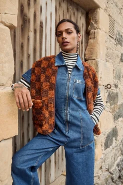 Sale Aubrey - Borg Fleece Gilet in Terry Brown Check Print All Outerwear & Knitwear|Fleeces