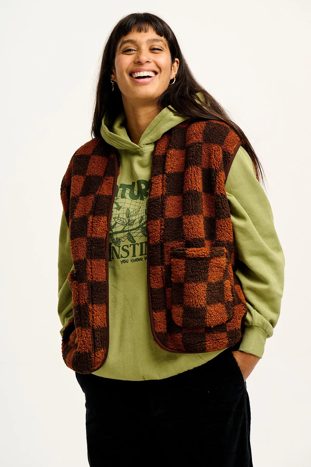 Sale Aubrey - Borg Fleece Gilet in Terry Brown Check Print All Outerwear & Knitwear|Fleeces