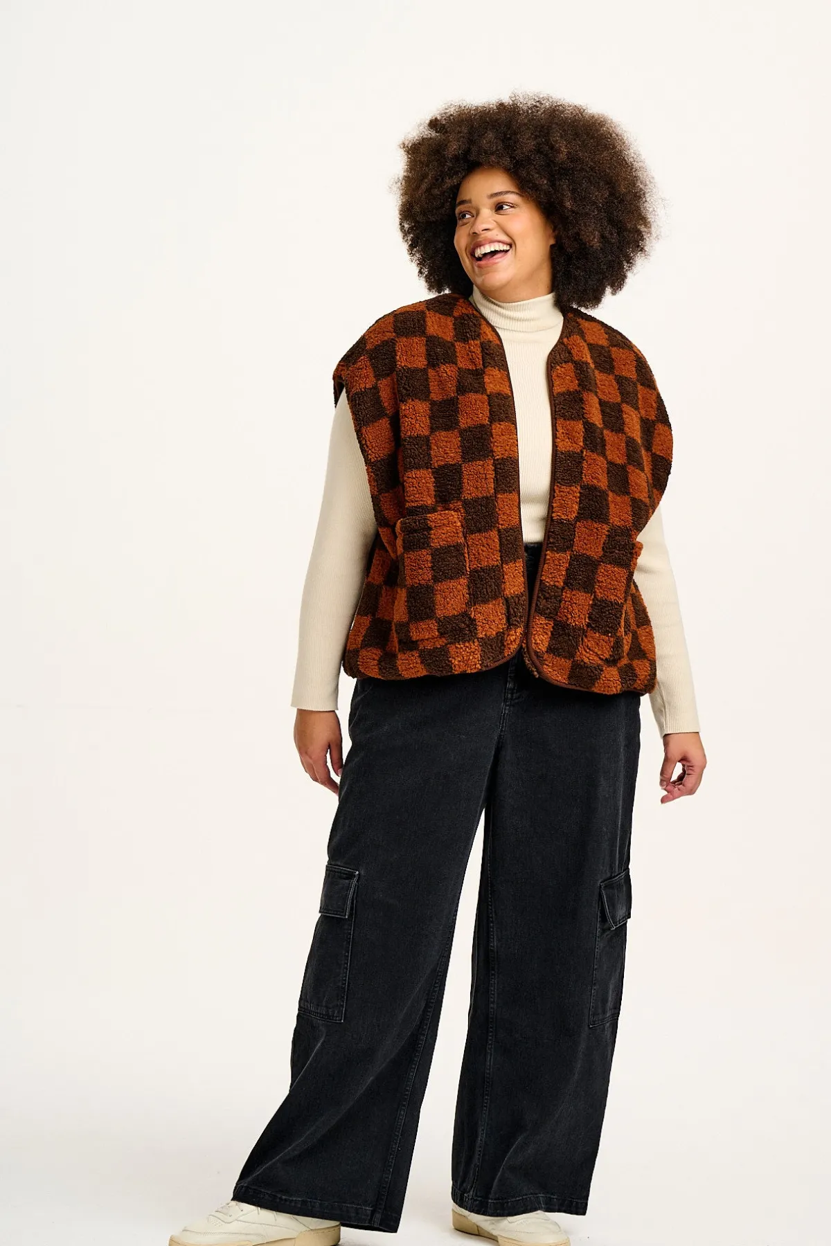 Sale Aubrey - Borg Fleece Gilet in Terry Brown Check Print All Outerwear & Knitwear|Fleeces