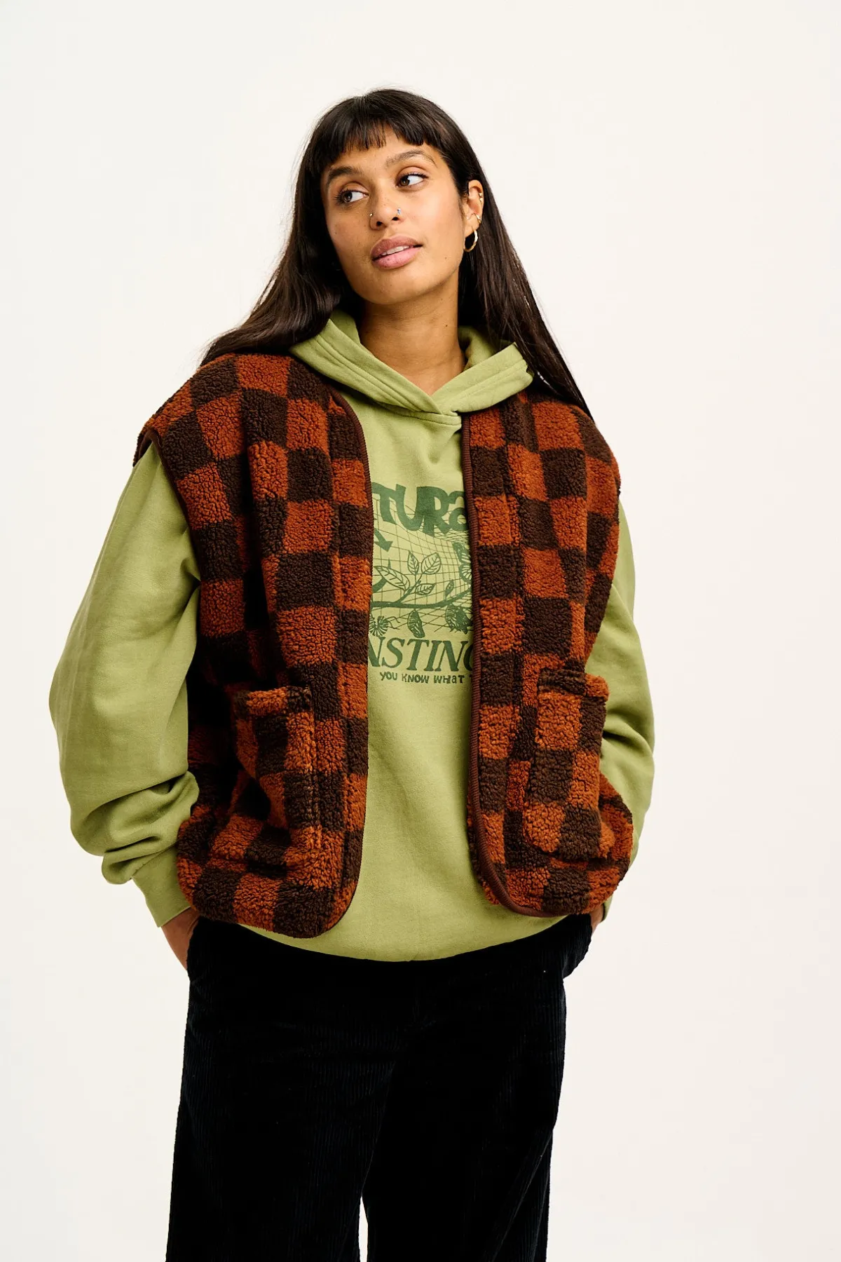 Sale Aubrey - Borg Fleece Gilet in Terry Brown Check Print All Outerwear & Knitwear|Fleeces