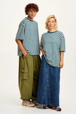 Outlet Benny - Oversized Cotton Tee in Blue & Ecru Stripe All Tops & Tees|Short Sleeve Tops
