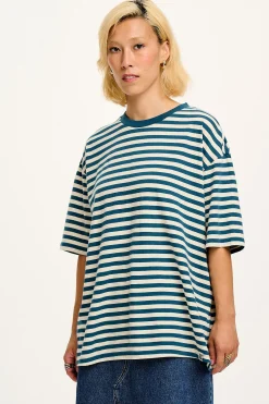 Outlet Benny - Oversized Cotton Tee in Blue & Ecru Stripe All Tops & Tees|Short Sleeve Tops