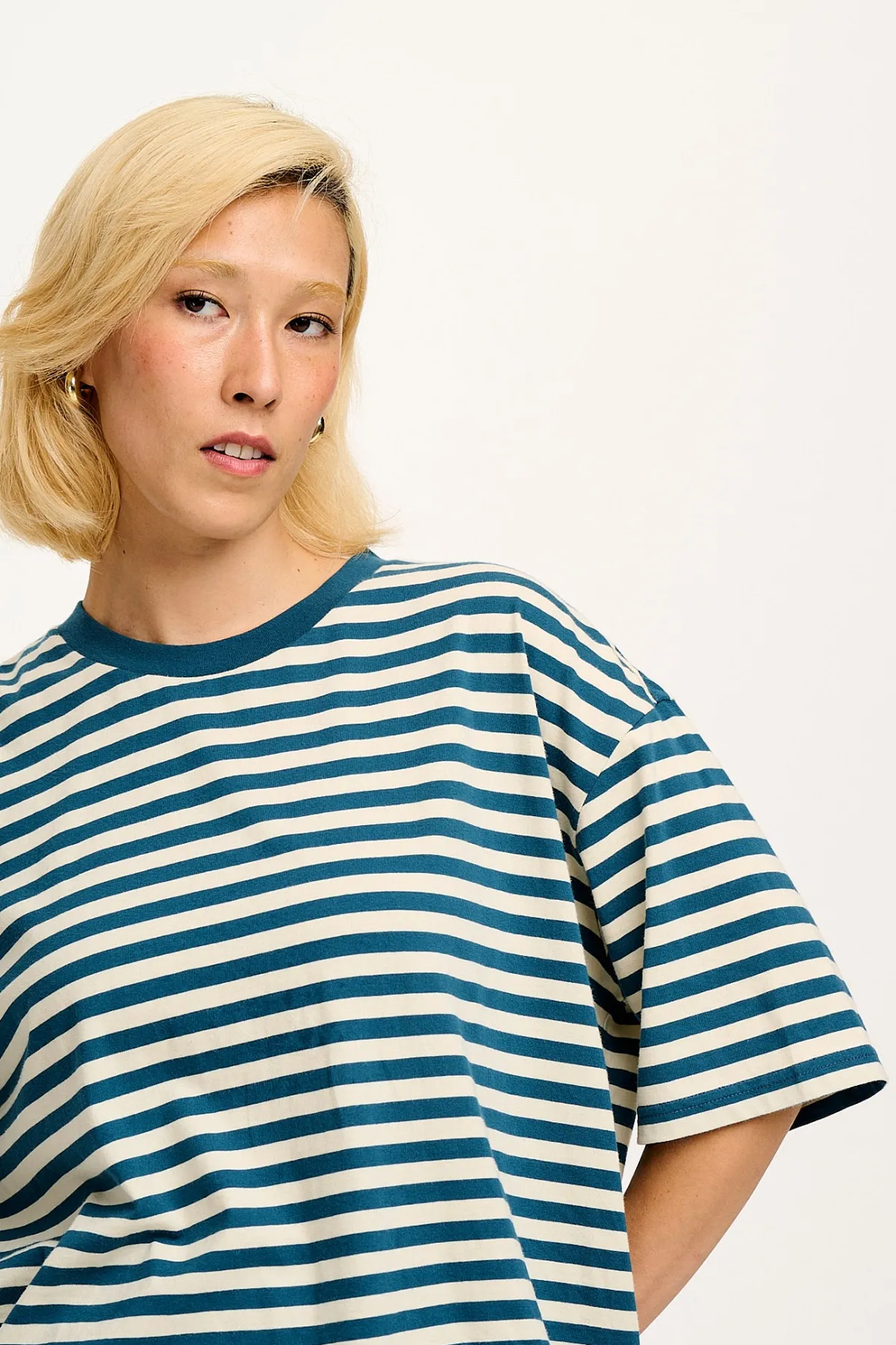 Outlet Benny - Oversized Cotton Tee in Blue & Ecru Stripe All Tops & Tees|Short Sleeve Tops