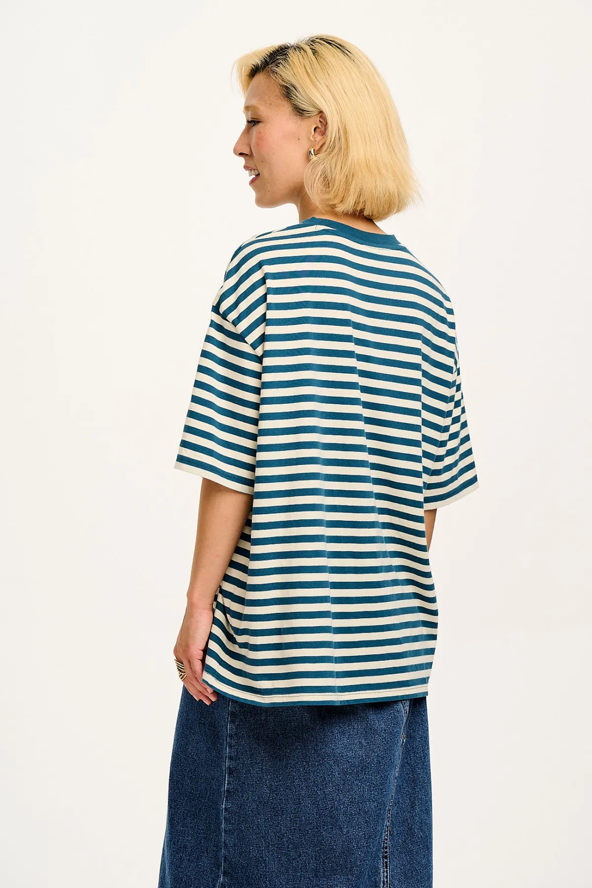 Outlet Benny - Oversized Cotton Tee in Blue & Ecru Stripe All Tops & Tees|Short Sleeve Tops