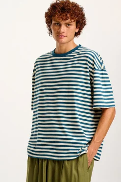 Outlet Benny - Oversized Cotton Tee in Blue & Ecru Stripe All Tops & Tees|Short Sleeve Tops