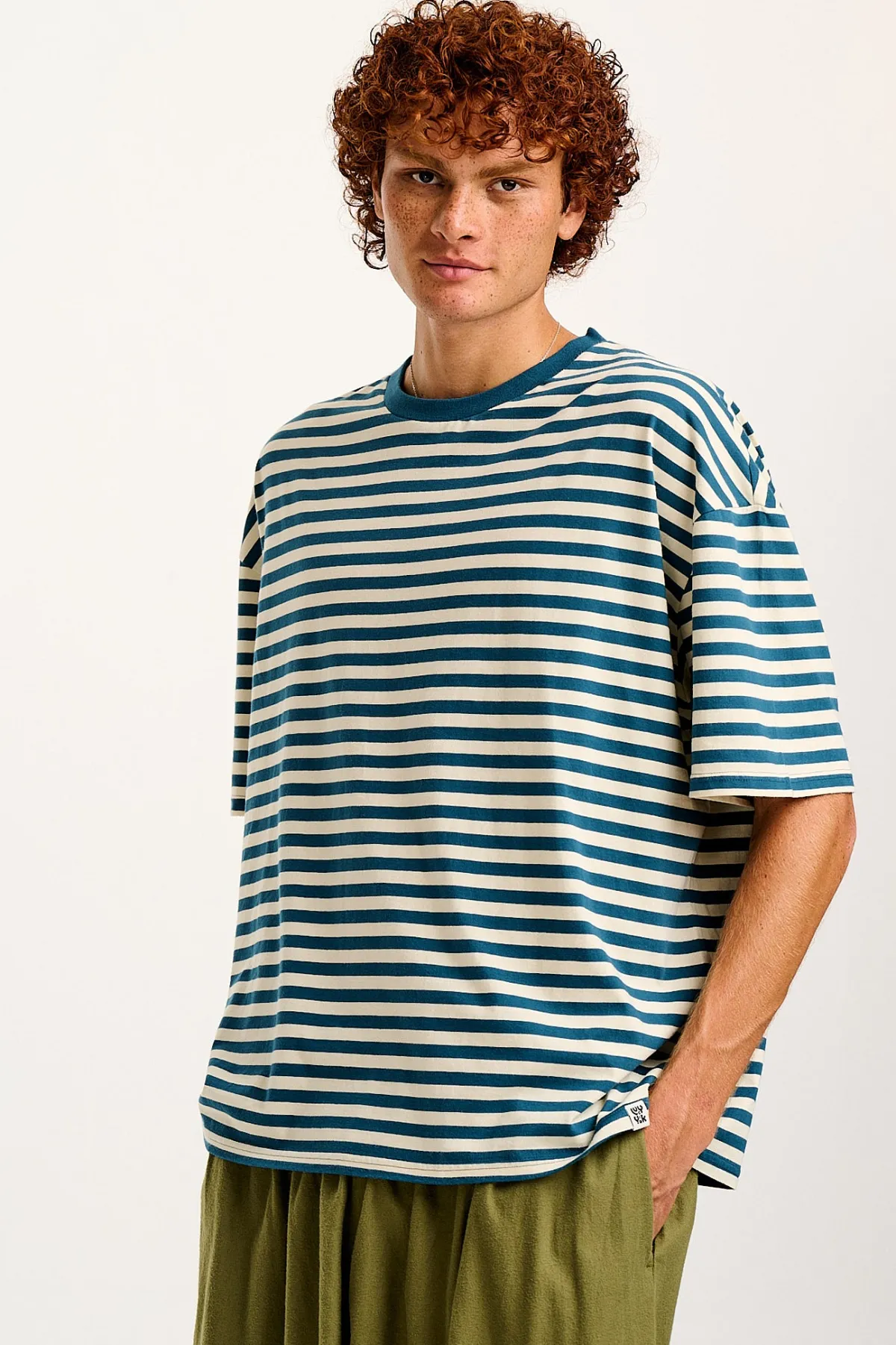 Outlet Benny - Oversized Cotton Tee in Blue & Ecru Stripe All Tops & Tees|Short Sleeve Tops
