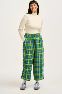 Fashion Chuck - Wide Leg Cotton Trousers in Green & Blue Elsie Tartan Print All Bottoms