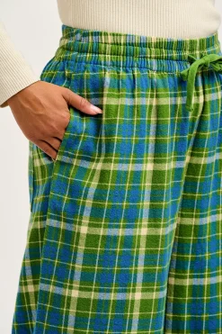 Fashion Chuck - Wide Leg Cotton Trousers in Green & Blue Elsie Tartan Print All Bottoms