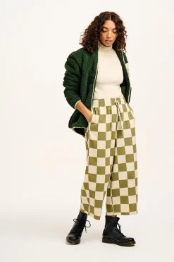 Online Chuck - Wide Leg Cotton Trousers in Pistachio Green Checkerboard Print All Bottoms|Trousers