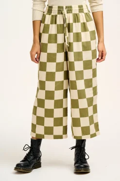Online Chuck - Wide Leg Cotton Trousers in Pistachio Green Checkerboard Print All Bottoms|Trousers