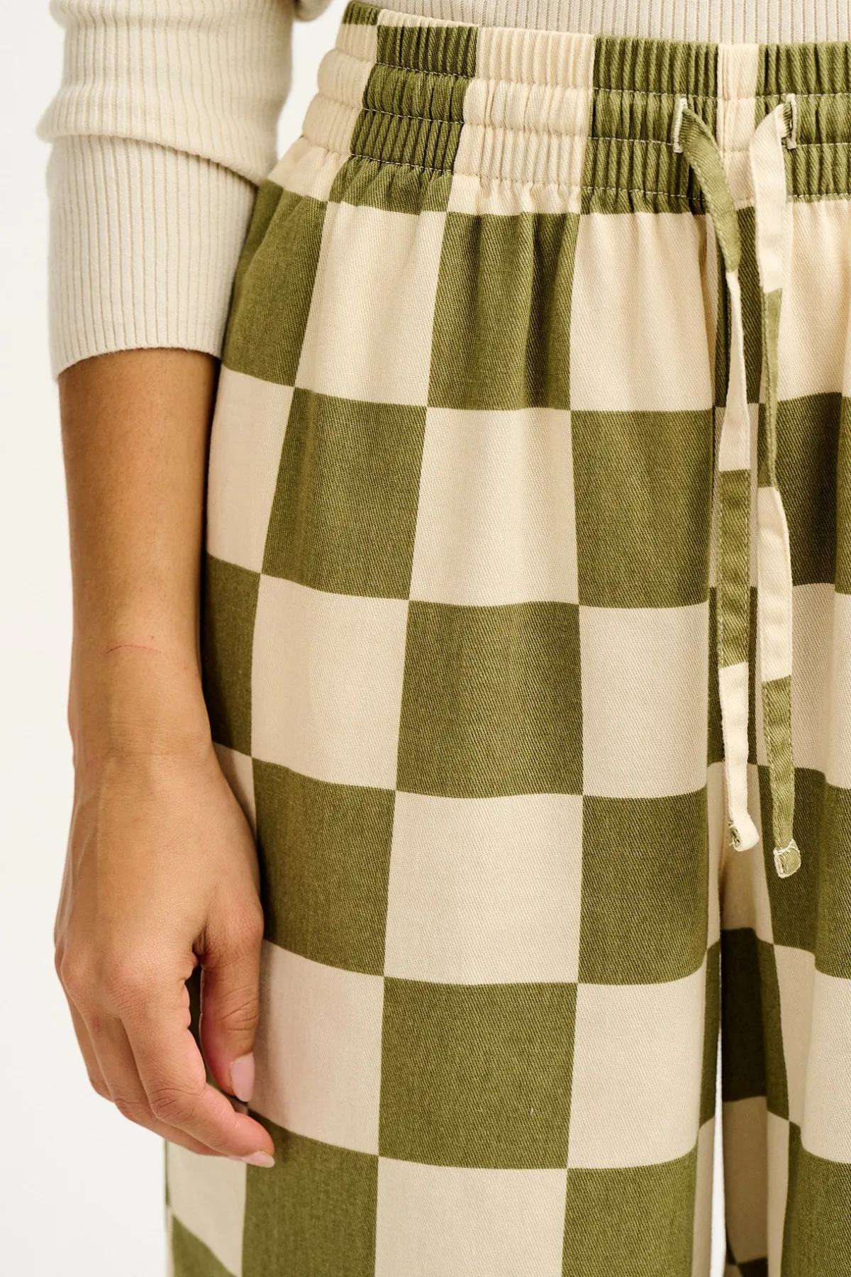 Online Chuck - Wide Leg Cotton Trousers in Pistachio Green Checkerboard Print All Bottoms|Trousers