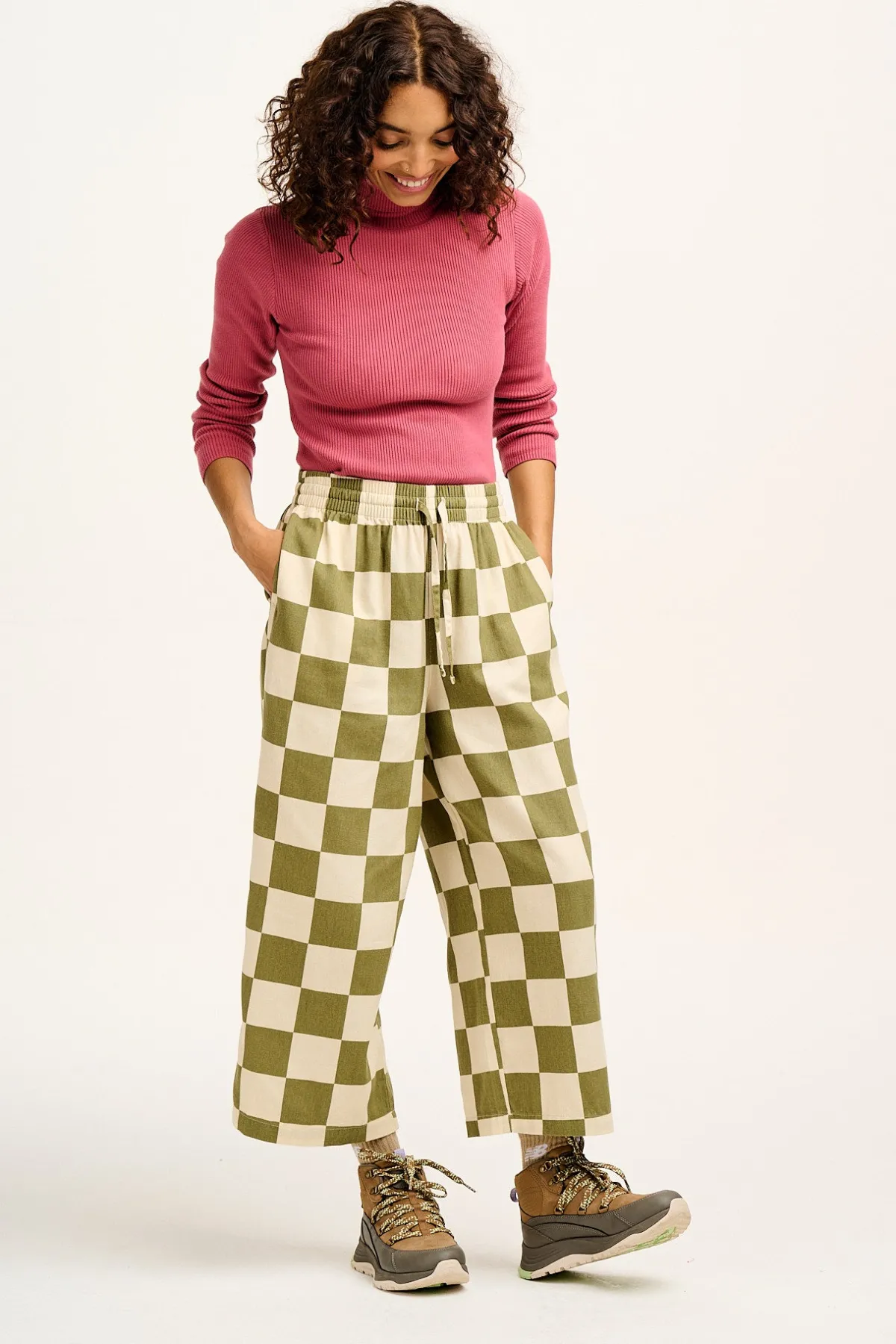 Online Chuck - Wide Leg Cotton Trousers in Pistachio Green Checkerboard Print All Bottoms|Trousers