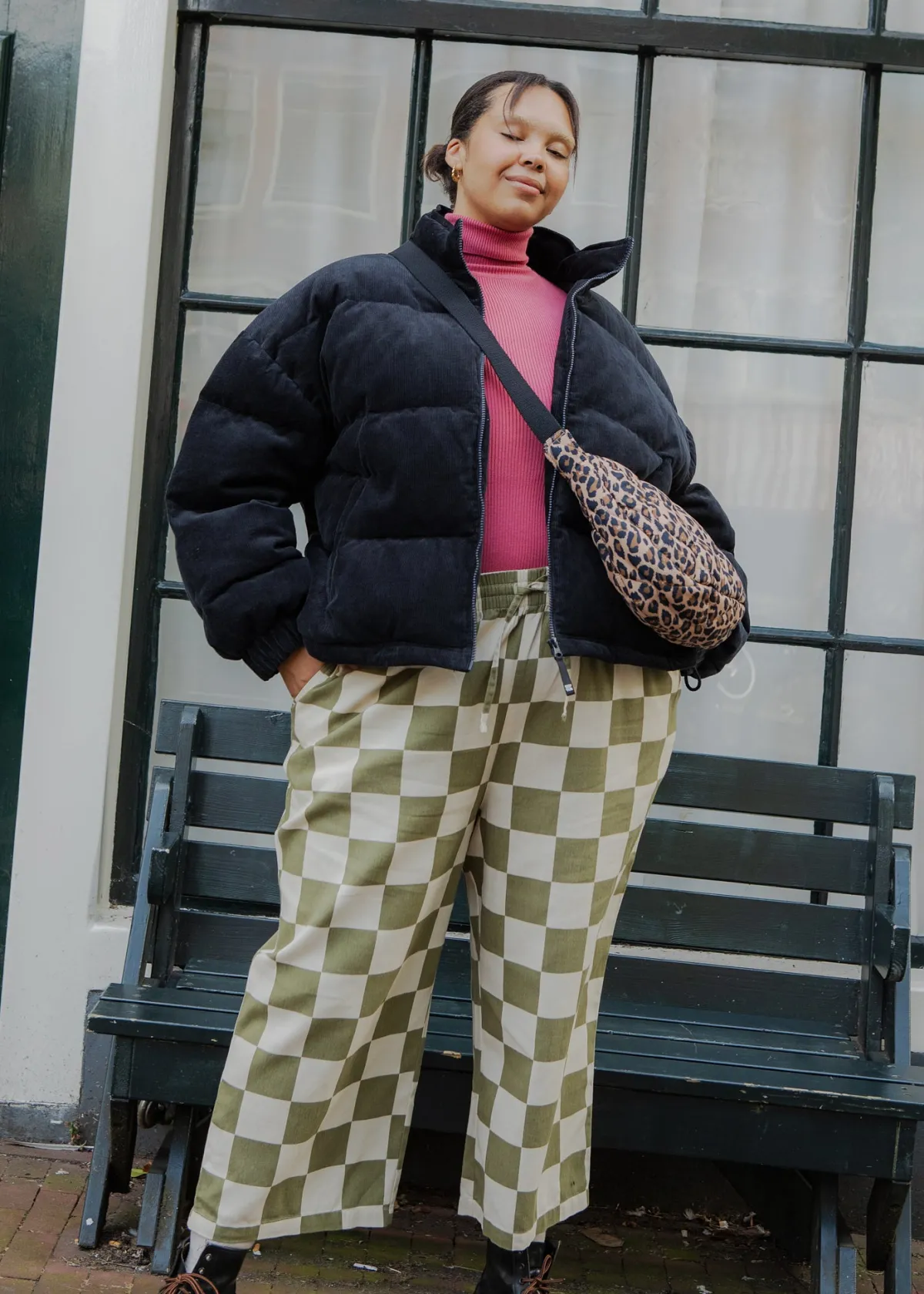 Online Chuck - Wide Leg Cotton Trousers in Pistachio Green Checkerboard Print All Bottoms|Trousers