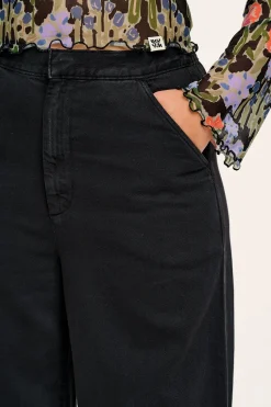 Online Halston - Wide leg Cotton & Hemp Trousers in Black All Bottoms