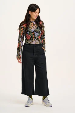 Online Halston - Wide leg Cotton & Hemp Trousers in Black All Bottoms