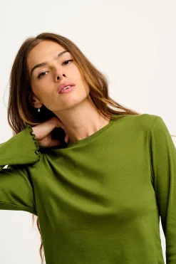 Online Hansel - Long Sleeve Cotton Top in Pesto Green All Tops & Tees|Cropped Tops