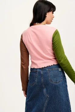 Sale Hansel - Long Sleeve Cotton Top in Khaki, Brown & Rose Pink All Tops & Tees|Cropped Tops