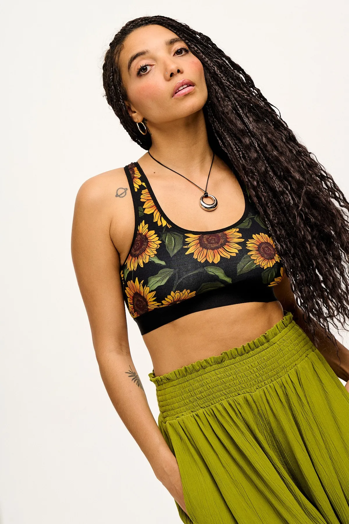 Discount Iona - Racer Back Cotton & Bamboo Crop Top in Sunflower Print All Tops & Tees|Cropped Tops