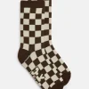 Online JoJo - Cotton Socks in Brown & Ecru Checkerboard Print Socks