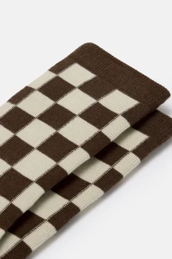 Online JoJo - Cotton Socks in Brown & Ecru Checkerboard Print Socks