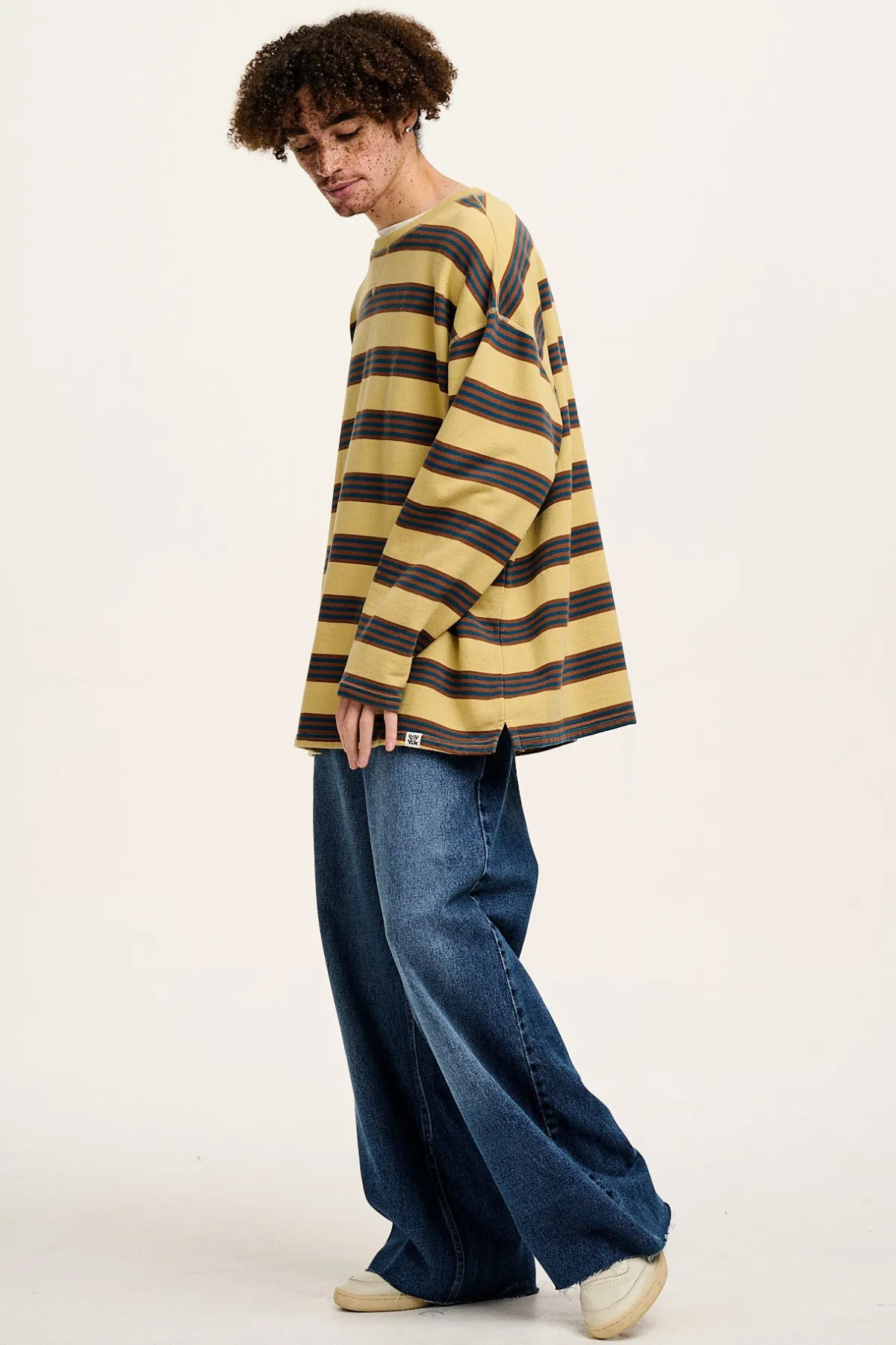 New Kai - Midweight Cosy Loop Back Cotton Sweatshirt in Brown & Blue Skater Stripe All Tops & Tees|Sweaters & Hoodies