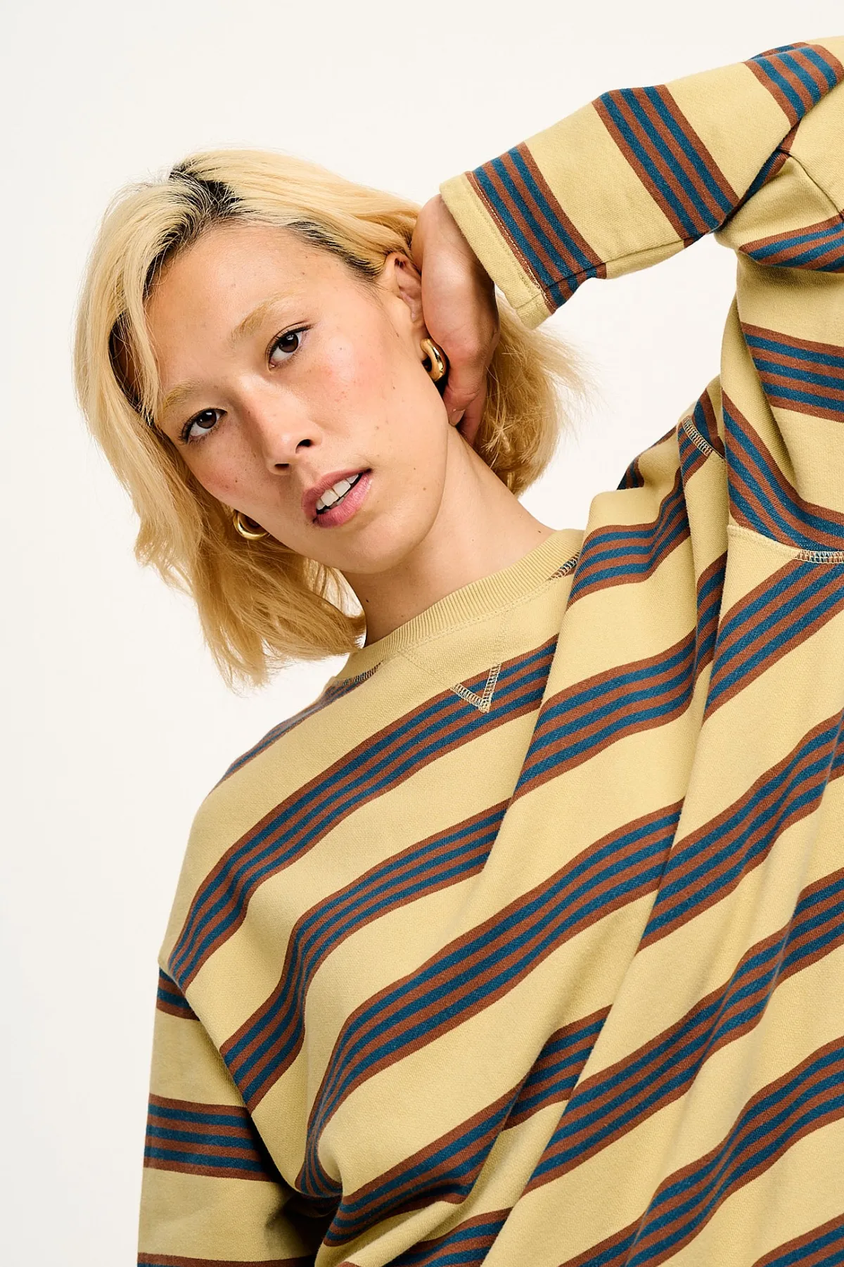 New Kai - Midweight Cosy Loop Back Cotton Sweatshirt in Brown & Blue Skater Stripe All Tops & Tees|Sweaters & Hoodies