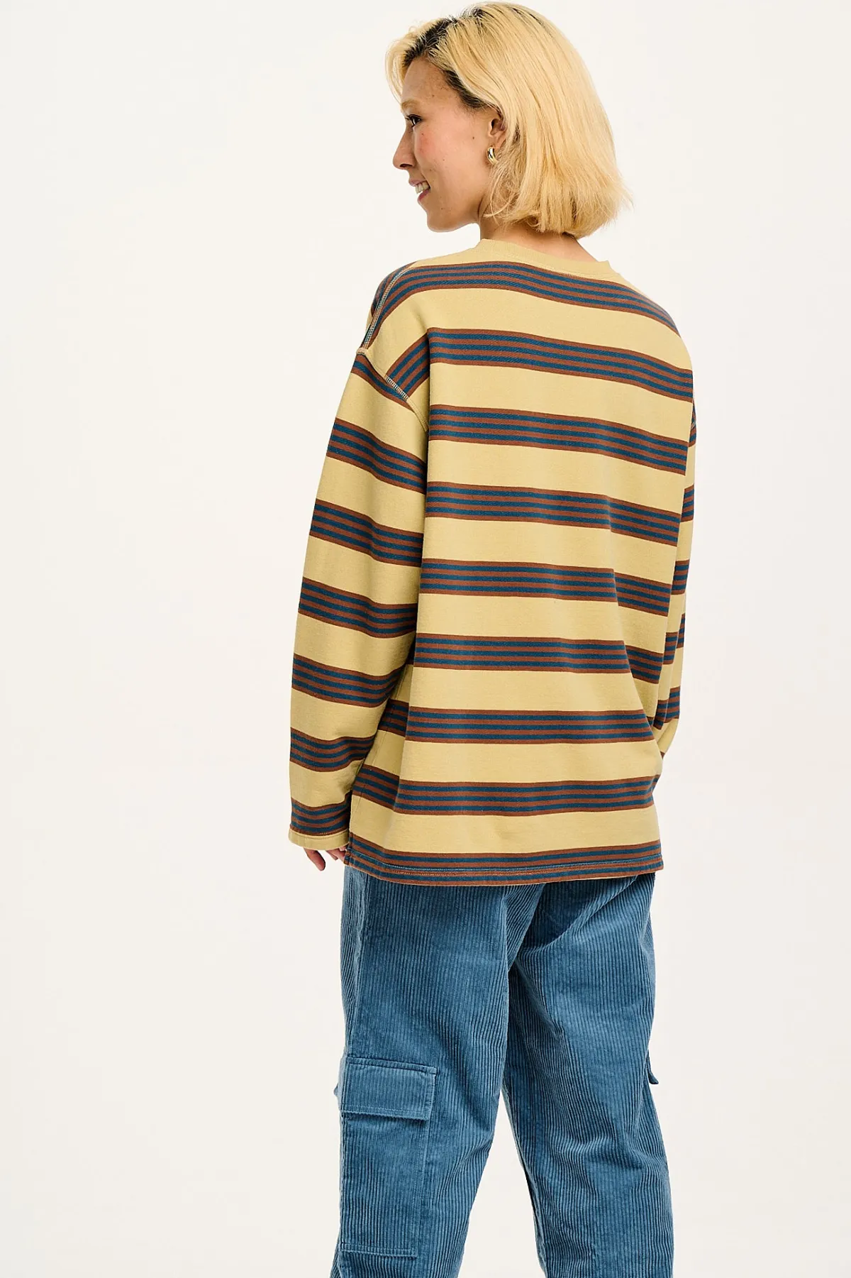 New Kai - Midweight Cosy Loop Back Cotton Sweatshirt in Brown & Blue Skater Stripe All Tops & Tees|Sweaters & Hoodies