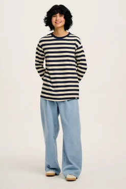 Online Kenny - Long Sleeve Skater Cotton Tee in Navy & Ecru Stripe All Tops & Tees|Long Sleeve Tops