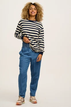 Online Kenny - Long Sleeve Skater Cotton Tee in Navy & Ecru Stripe All Tops & Tees|Long Sleeve Tops