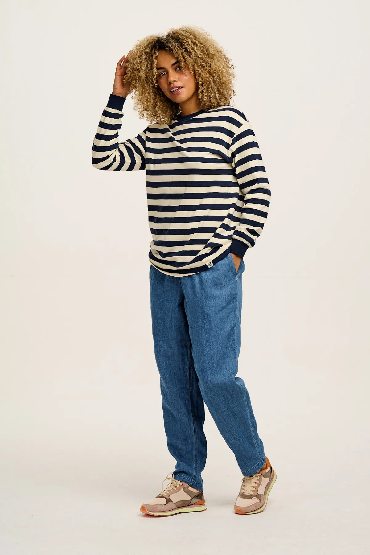 Online Kenny - Long Sleeve Skater Cotton Tee in Navy & Ecru Stripe All Tops & Tees|Long Sleeve Tops