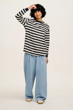 Online Kenny - Long Sleeve Skater Cotton Tee in Navy & Ecru Stripe All Tops & Tees|Long Sleeve Tops
