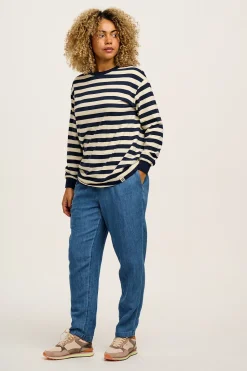 Online Kenny - Long Sleeve Skater Cotton Tee in Navy & Ecru Stripe All Tops & Tees|Long Sleeve Tops