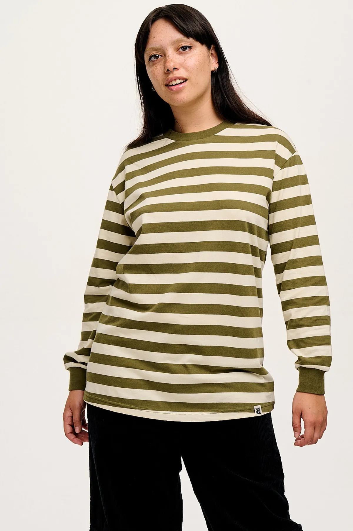 Sale Kenny - Long Sleeve Skater Cotton Tee in Green & Ecru Stripe All Tops & Tees|Long Sleeve Tops