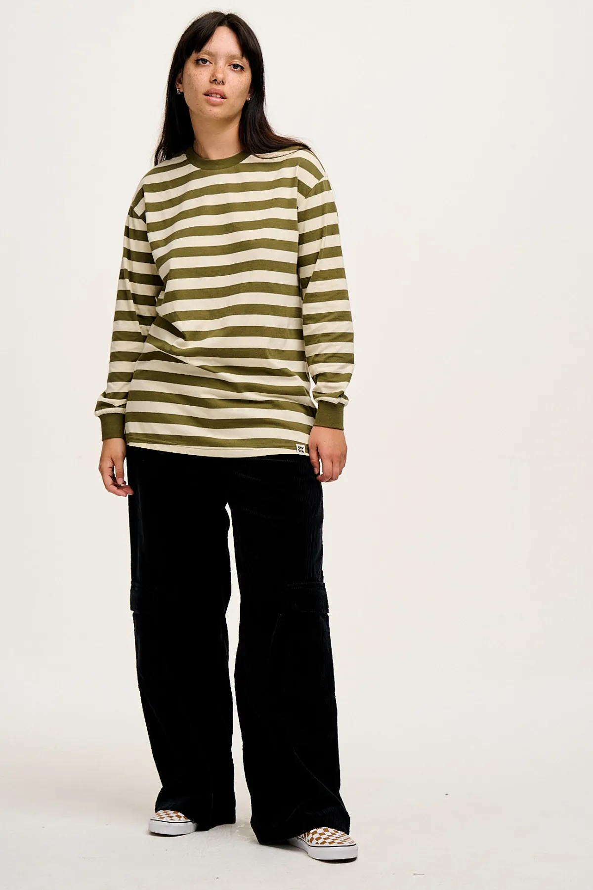 Sale Kenny - Long Sleeve Skater Cotton Tee in Green & Ecru Stripe All Tops & Tees|Long Sleeve Tops