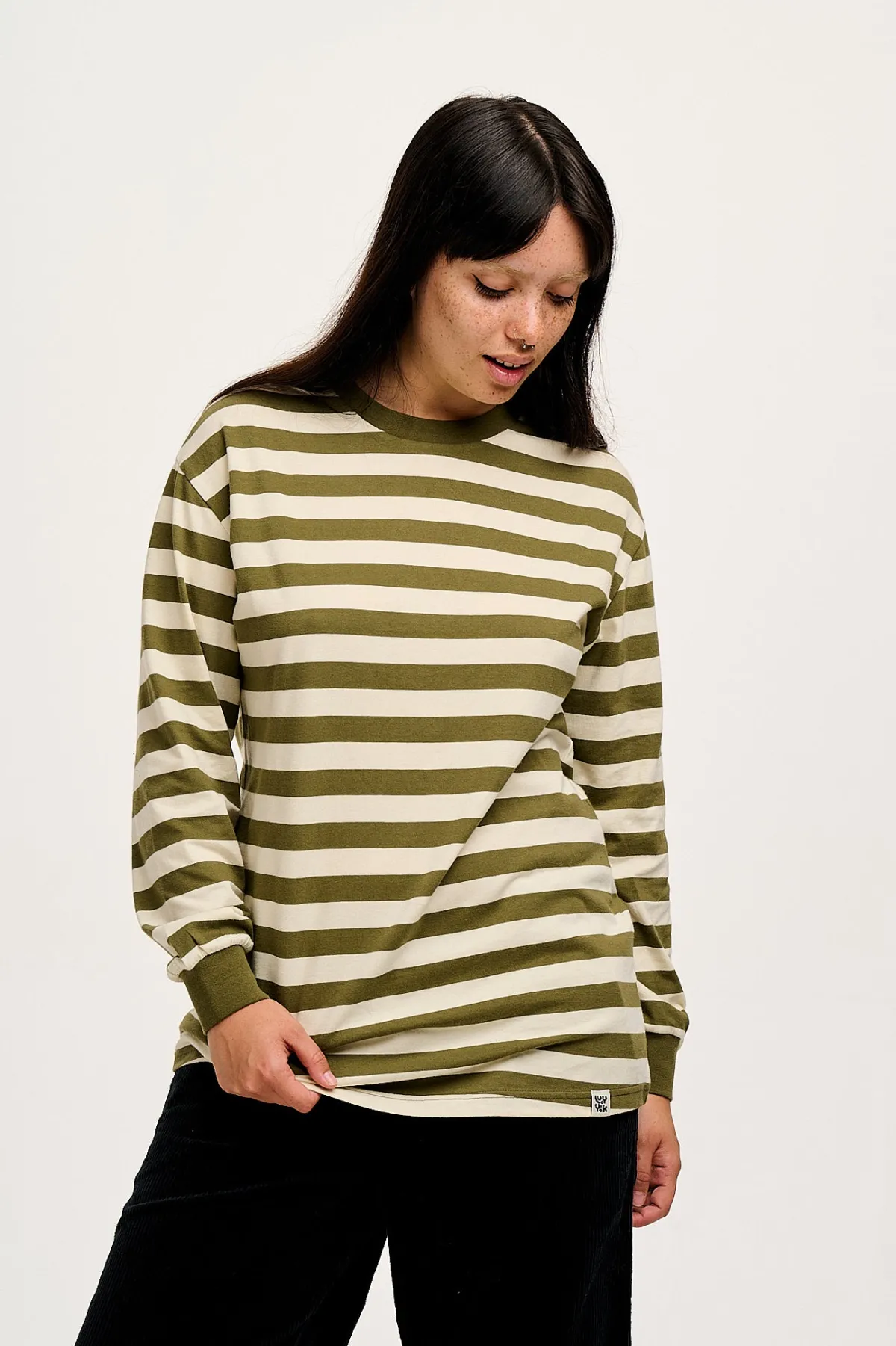 Sale Kenny - Long Sleeve Skater Cotton Tee in Green & Ecru Stripe All Tops & Tees|Long Sleeve Tops
