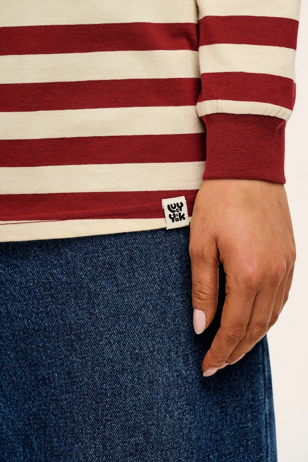 Online Kenny - Long Sleeve Skater Cotton Tee in Maroon & Ecru Stripe All Tops & Tees|Long Sleeve Tops