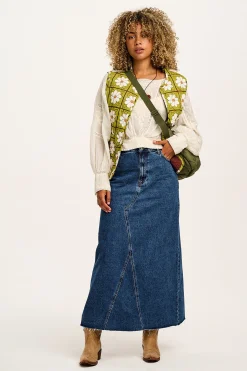 Fashion Liv - Maxi Denim Skirt in Mid Wash Blue All Bottoms|All Dresses & Skirts