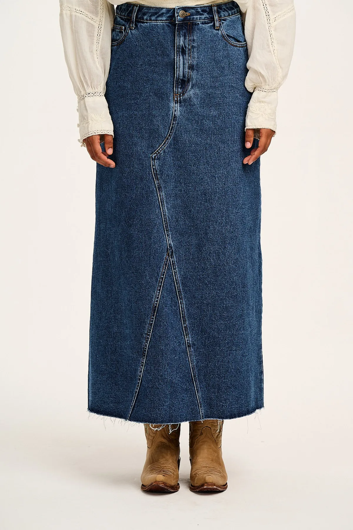 Fashion Liv - Maxi Denim Skirt in Mid Wash Blue All Bottoms|All Dresses & Skirts