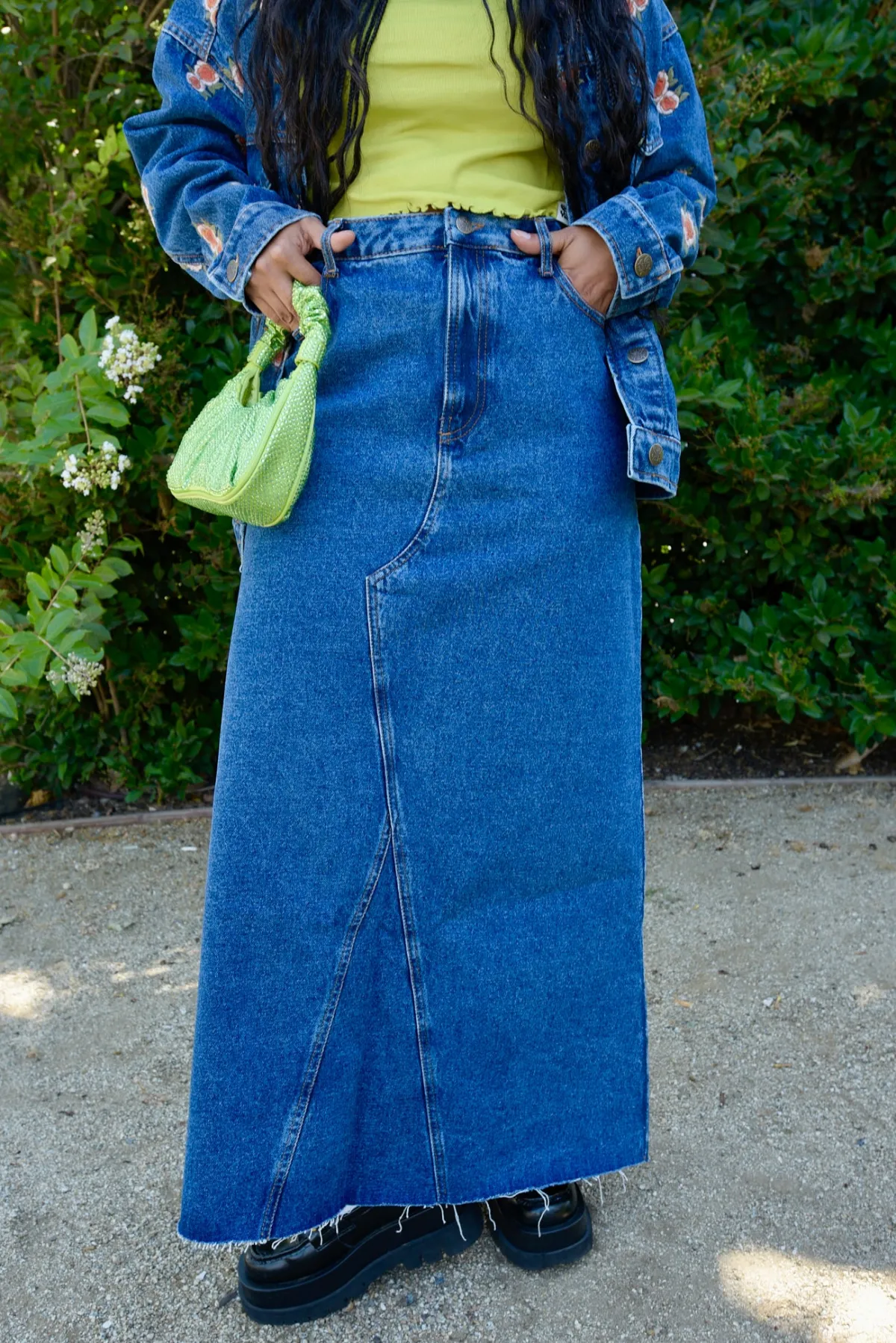 Fashion Liv - Maxi Denim Skirt in Mid Wash Blue All Bottoms|All Dresses & Skirts
