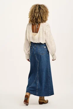 Fashion Liv - Maxi Denim Skirt in Mid Wash Blue All Bottoms|All Dresses & Skirts
