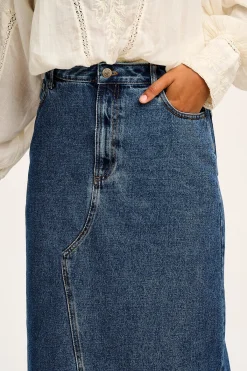 Fashion Liv - Maxi Denim Skirt in Mid Wash Blue All Bottoms|All Dresses & Skirts