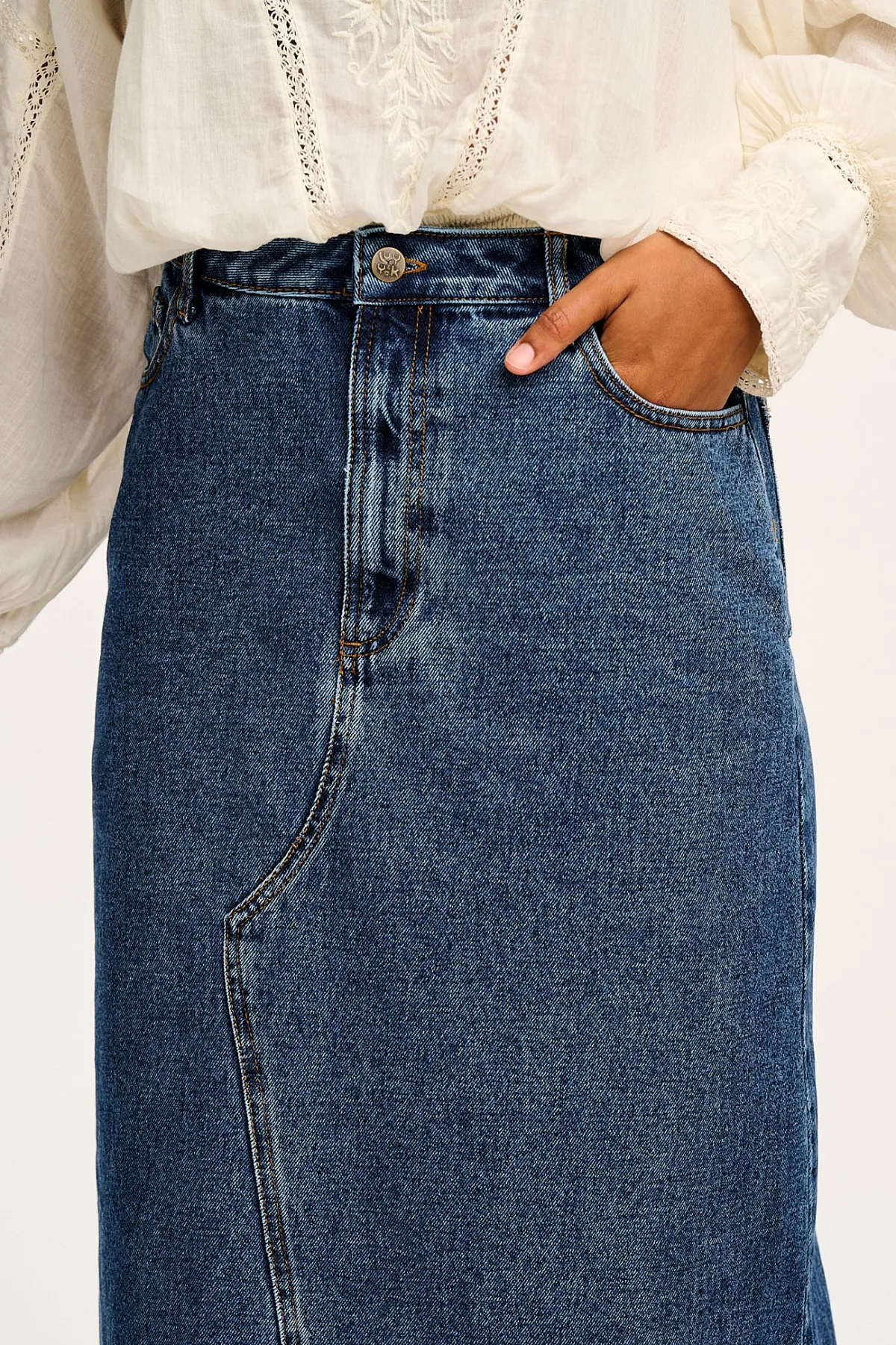 Fashion Liv - Maxi Denim Skirt in Mid Wash Blue All Bottoms|All Dresses & Skirts