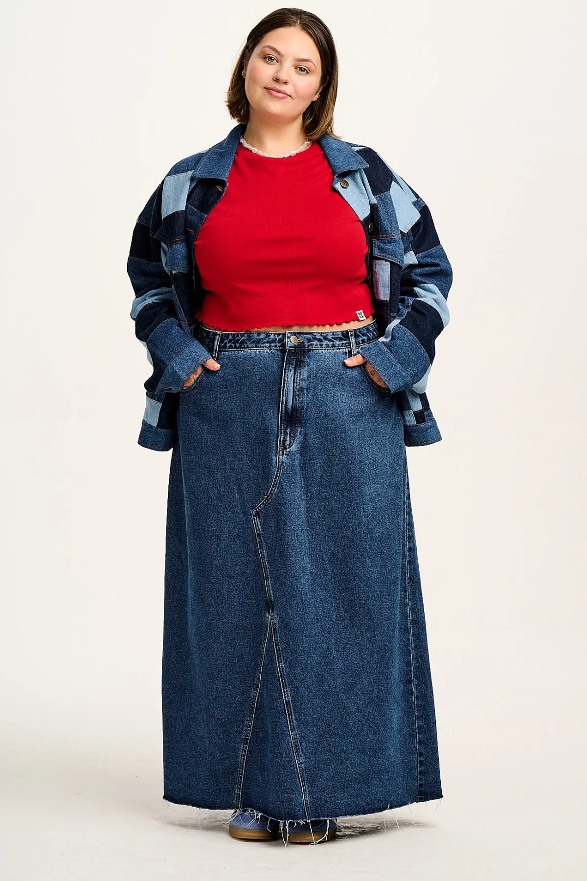 Fashion Liv - Maxi Denim Skirt in Mid Wash Blue All Bottoms|All Dresses & Skirts