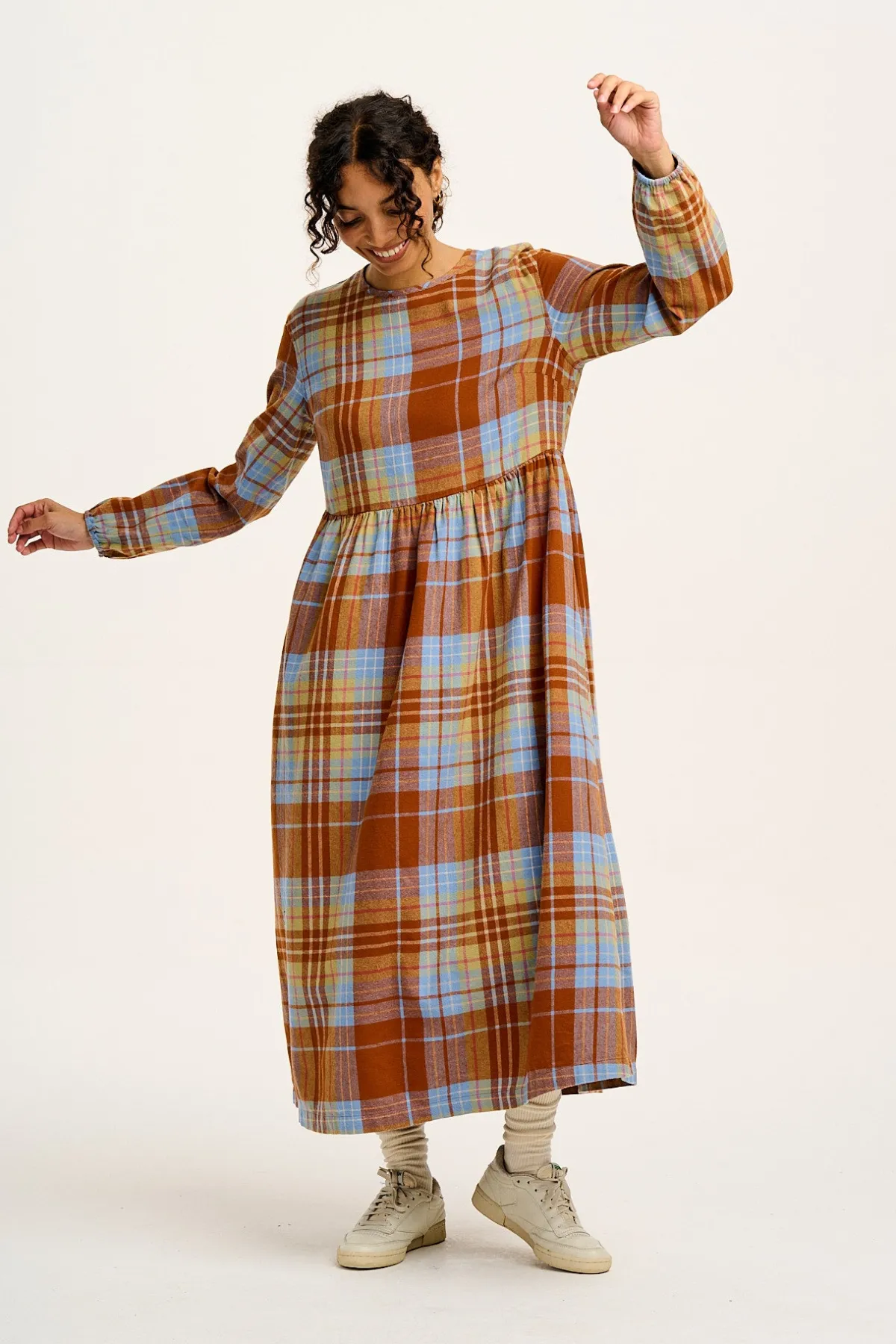 Online Maeve - Midi Dress in Brown & Blue Alastair Tartan Print All Dresses & Skirts