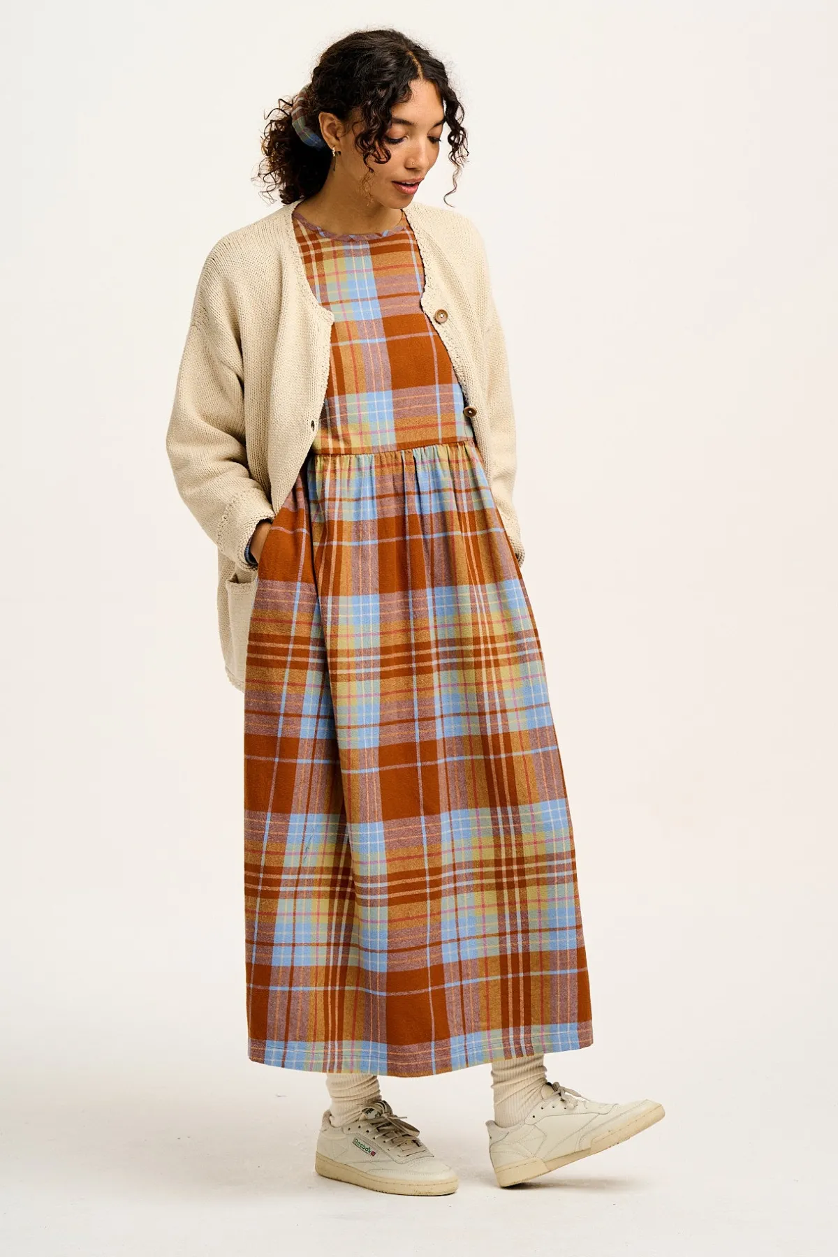 Online Maeve - Midi Dress in Brown & Blue Alastair Tartan Print All Dresses & Skirts